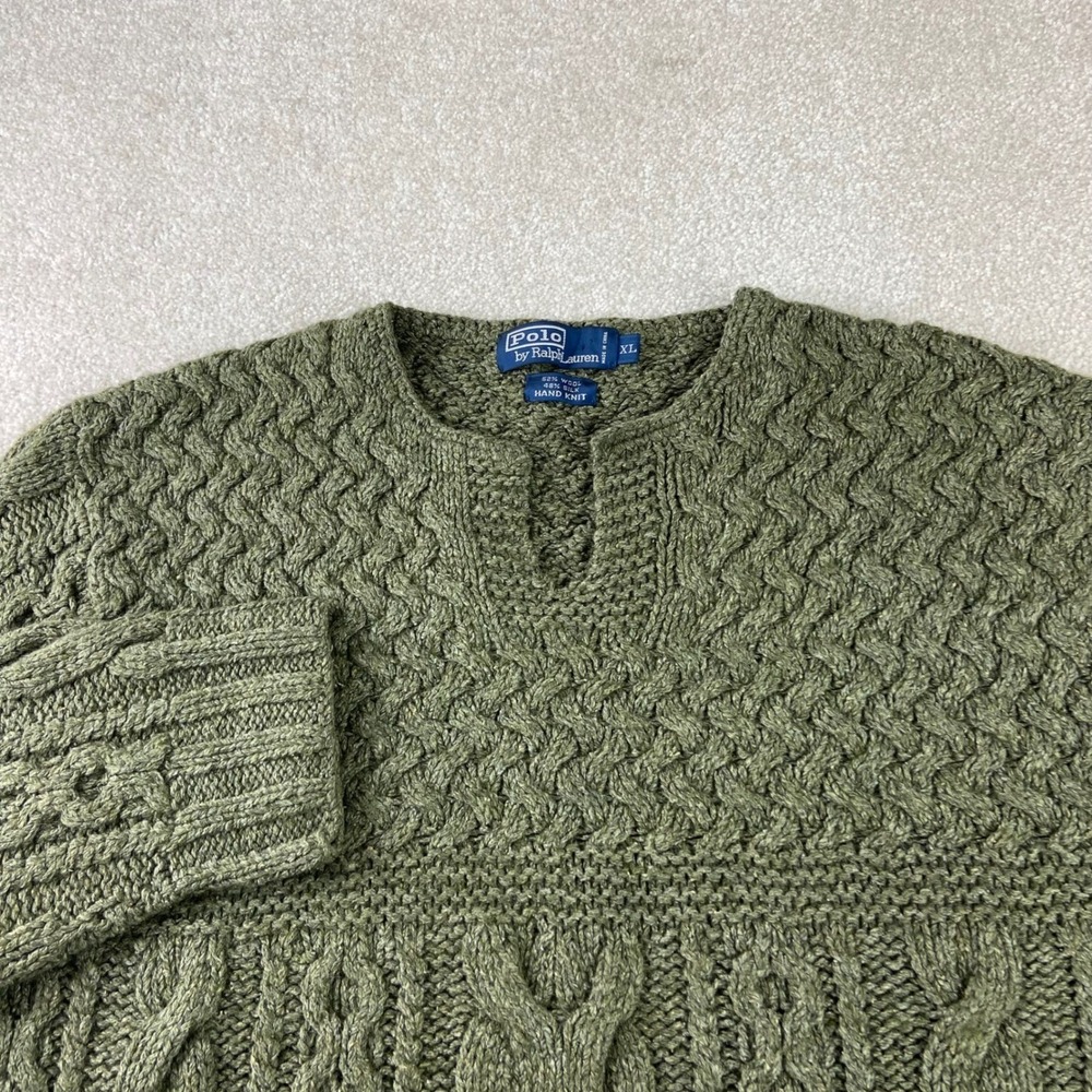 Vtg Polo Ralph Lauren Sweater Mens XL Olive Green Wool Silk Hand Knit Cable